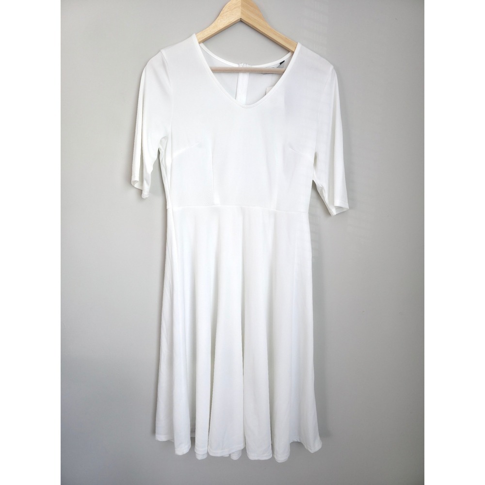 NWT Elesol White Midi Dress L Short Sleeve Flowy Skater Casual Stretch - Picture 3 of 10